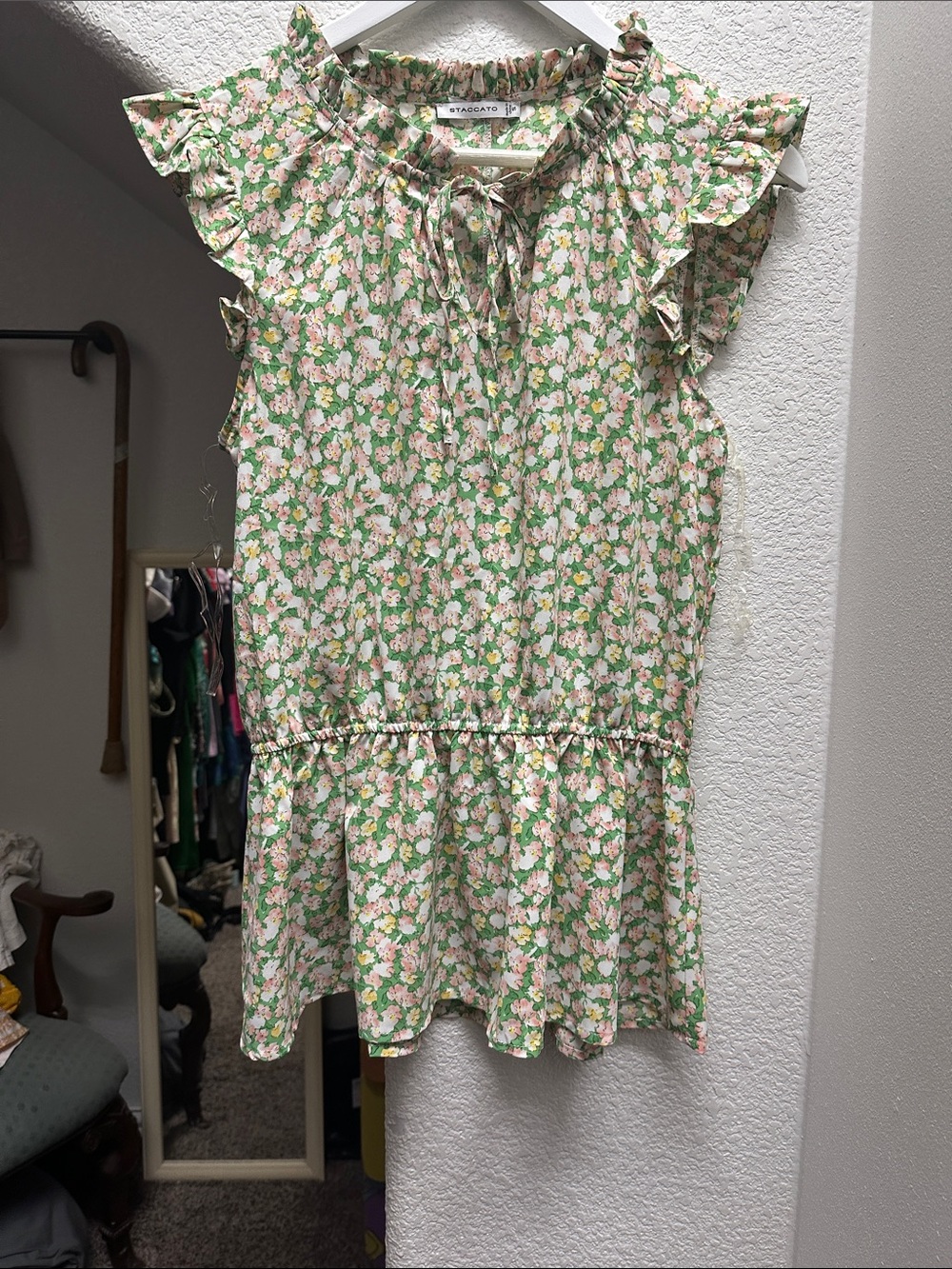 Staccato Pink and Green Floral Ruffle-Sleeve Peplum Tunic